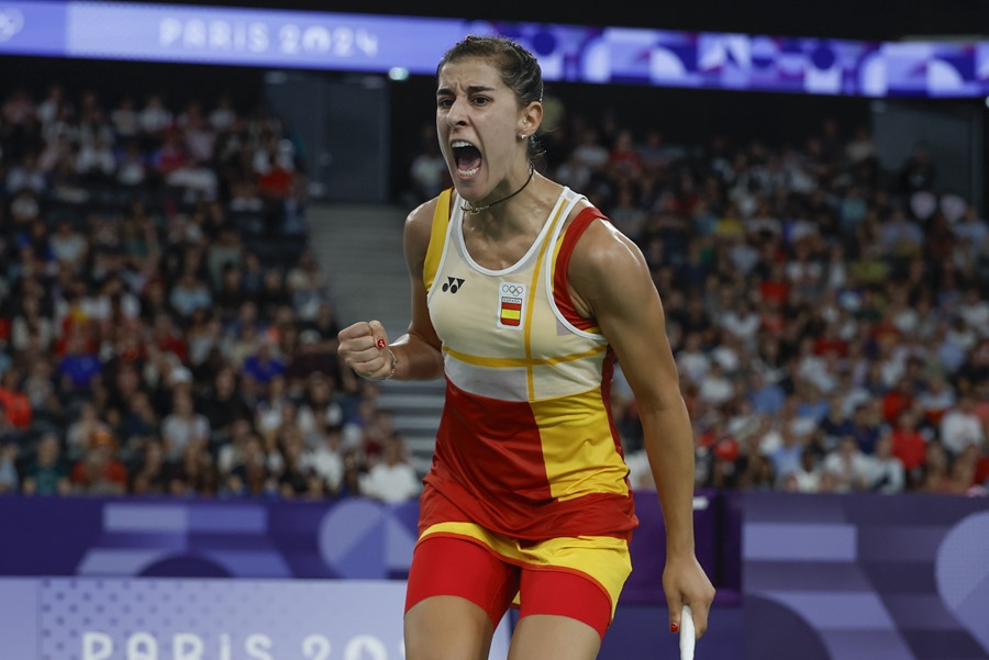 La jugadora española Carolina Marín celebra un punto ganado ante la japonesa Aya Ohori.