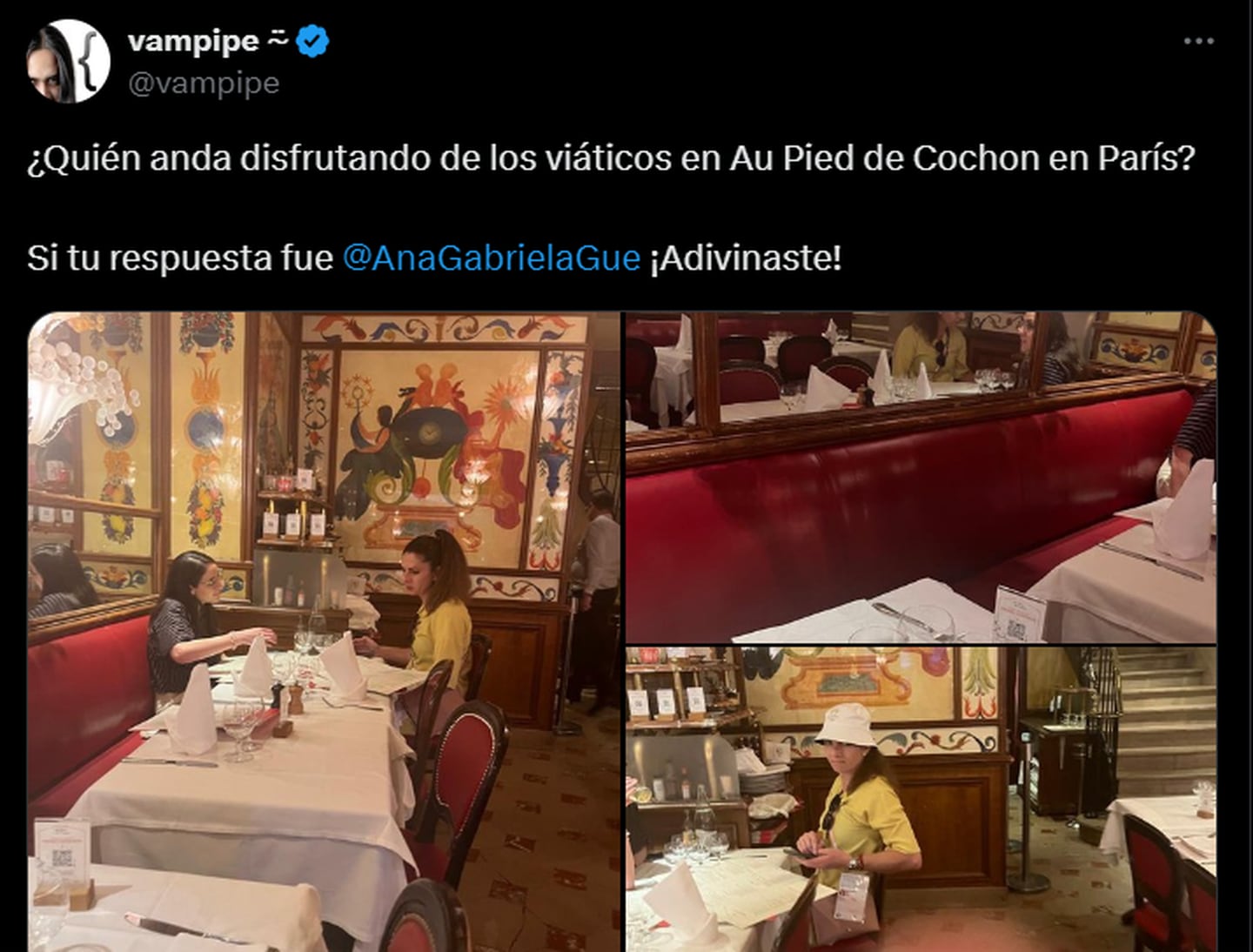 Ana Gabriela Guevara fue vista, presuntamente, en un restaurante de lujo en París. (Foto: Captura @vampipe)