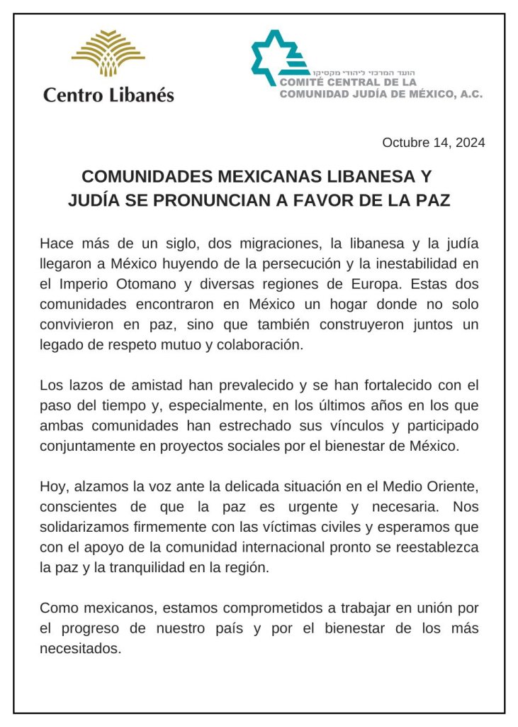 Encabeza canciller De la Fuente reunión con representantes de las comunidades libanesa y judía en México; llaman a la paz en Gaza - comunicado-comunidades-libanesa-y-judia-731x1024