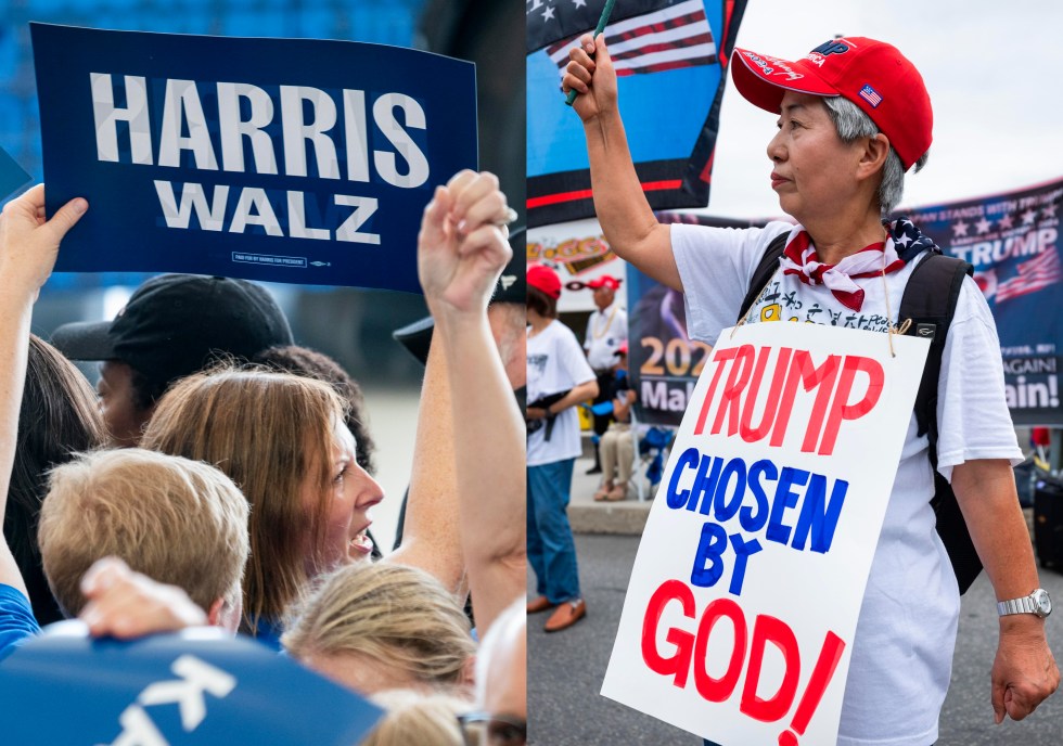 Fotografías se archivo de seguidores de Kamala Harris (d) y Donald Trump (i), candidatos en las elecciones a la Presidencia de EE.UU. EFE/Shawn Thew/Jim Lo Scalzo