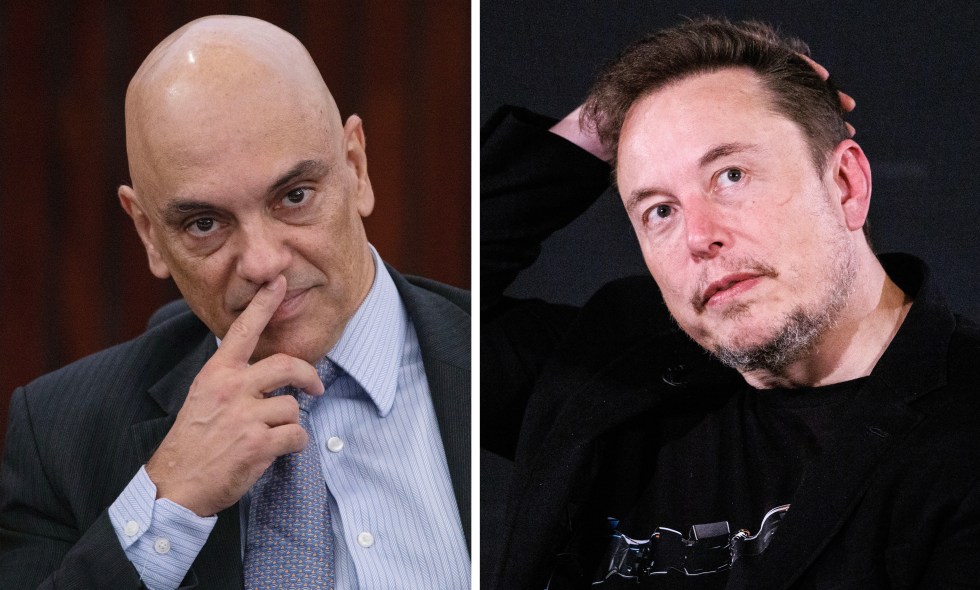 Combo de fotografías de archivo donde se observa al juez del Tribunal Supremo de Brasil Alexandre de Moraes (i) y al magnate Elon Musk. EFE/ Joédson Alves / Tolga Akmen / Pool