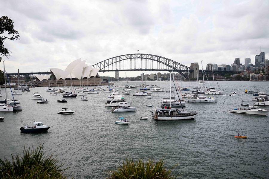 Una vista general de los barcos anclados en el puerto de Sídney desde Mrs. Macquarie's Point