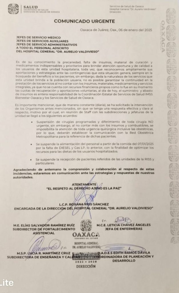 Suspenden cirugías en Hospital General de Oaxaca por falta de insumos - comunicado-del-hospital-general-de-oaxaca-626x1024