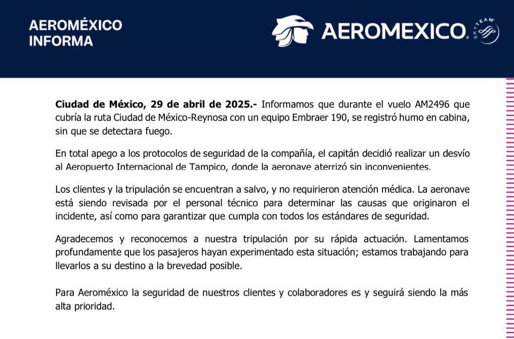 comunicado-de-aeromexico Avión de Aeroméxico aterriza de emergencia en Tampico por humo en cabina - comunicado-de-aeromexico