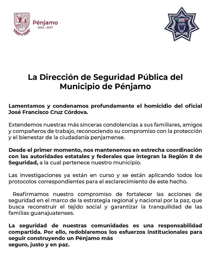 Ataques armados dejan un policía muerto y otro herido en Guanajuato - comunicado-por-asesinato-de-oficial-en-penjamo
