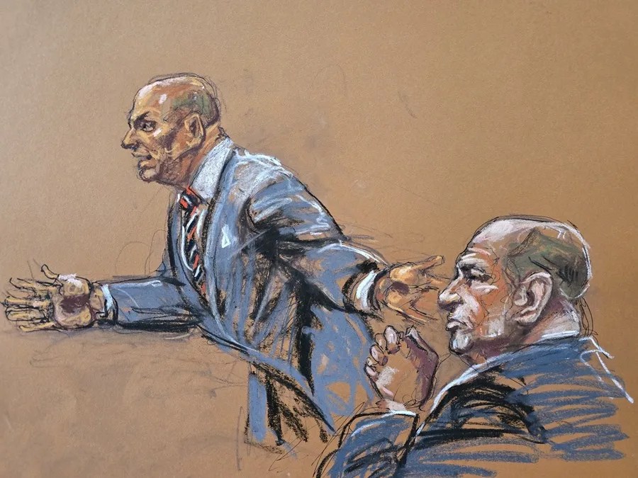 harvey-weinstein4 Fotografía de un dibujo realizado por la artista Jane Rosenberg donde aparece Arthur Aidala, abogado principal de la defensa de Harvey Weinstein (d), hablando en el juicio contra el productor, en un tribunal penal de Manhattan en Nueva York (Estados Unidos). EFE/Jane Rosenberg
