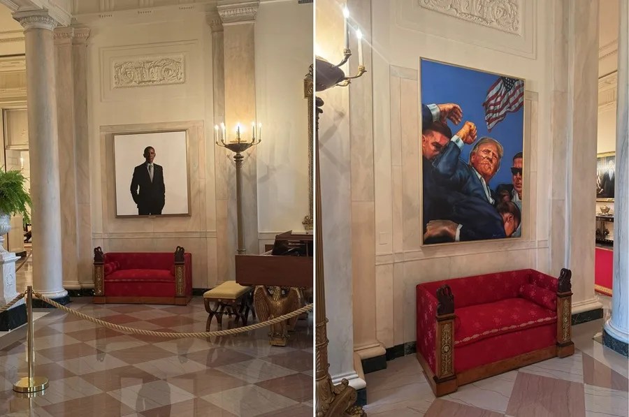 trump-atentado2 Composición de dos fotografías divulgadas por el asistente adjunto del presidente y subdirector de comunicaciones de la Casa Blanca, Kaelan Dorr, donde se muestra un retrato del expresidente Barack Obama (i) y el nuevo cuadro recién puesto en el lugar en el que aparece Donald Trump (d) durante el intento de asesinato, en la Casa Blanca en Washington (EE.UU.). EFE/@Kaelan47