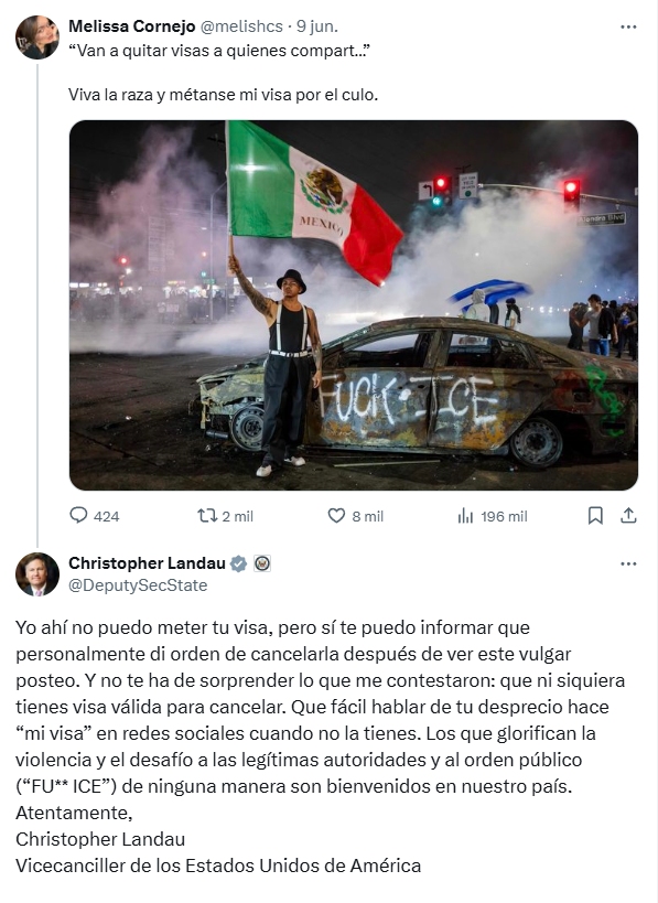 Landau ordena cancelar visa de morenista tras mensaje en X; "ni siquiera la tienes válida", lanzó - melissa-cornejo-landau-x-visa